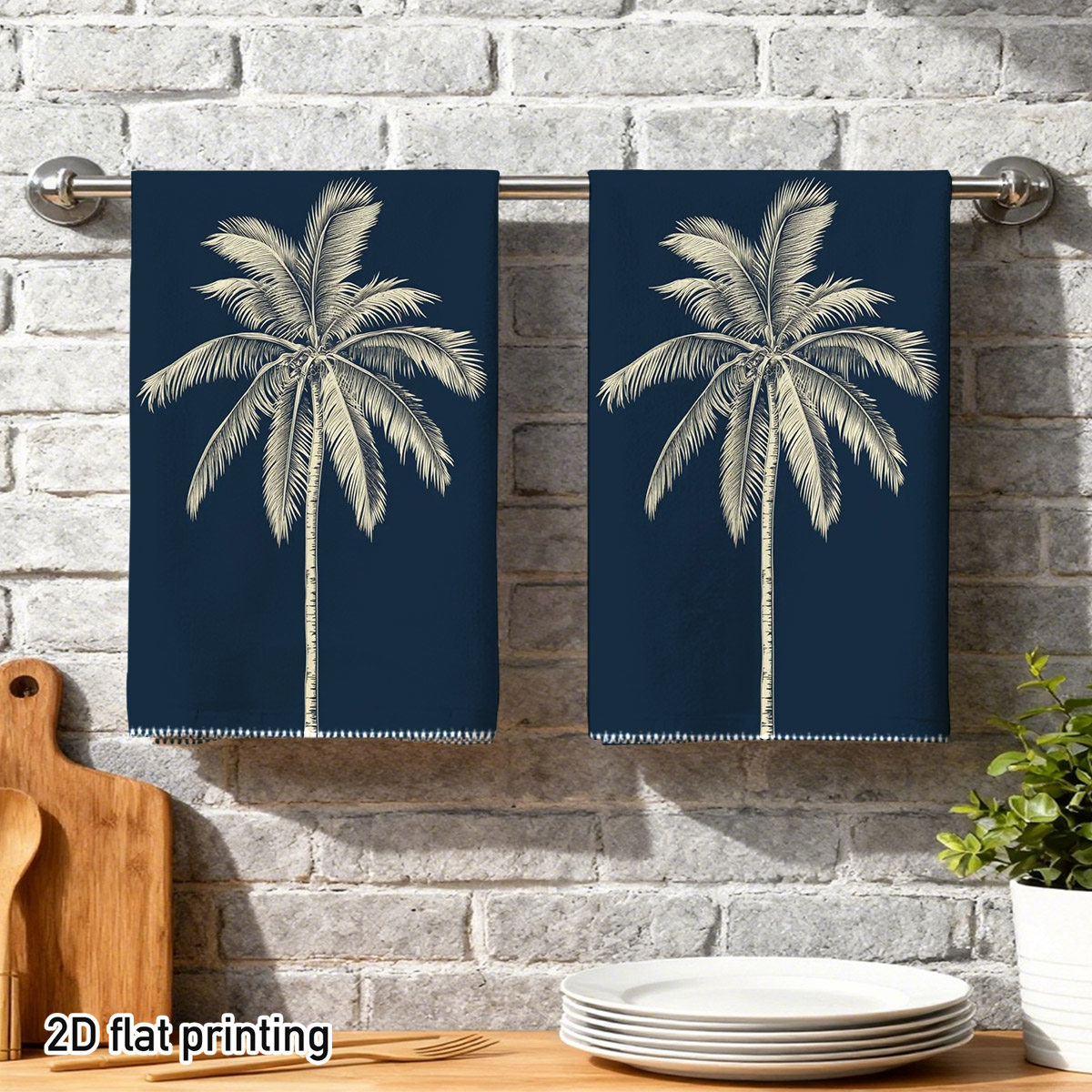 TEMU 2pcs Palm Tree Cleaning Cloth, Prints With Elegant Leaves On Dark Blue, Soft Absorbent Drying Cloths For Kitchen, Bathroom, Car, Home | Summer,