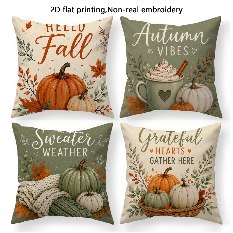 TEMU 4pcs Set, Autumn Thanksgiving Theme, Pumpkin And Maple Leaf Print Pattern Decorative Pillowcases, Single-sided Print, Zipper Closure, Machine