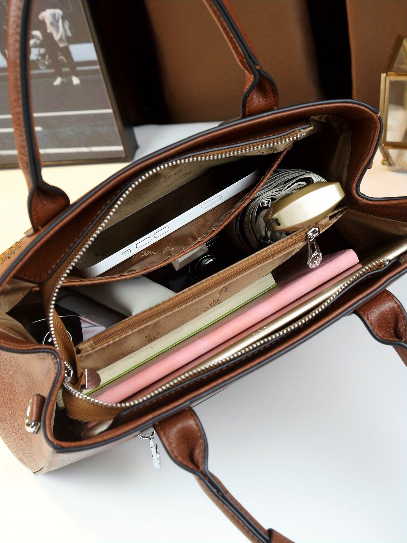 Light Brown Floral Print Handbag interior view