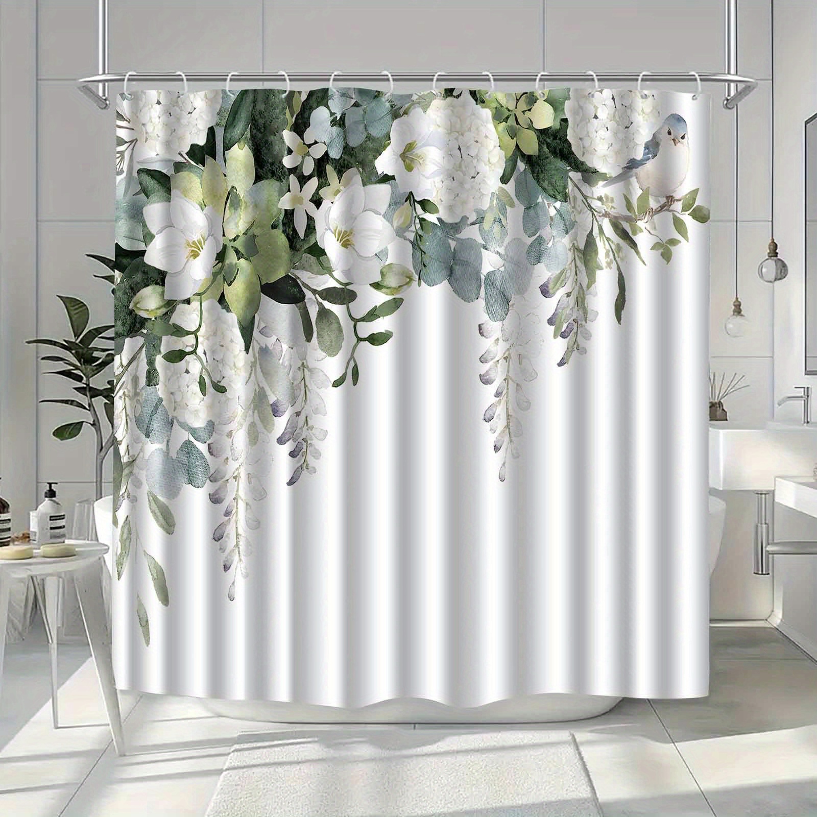 TEMU Jit1pcs Simple And Plant Leaf White Flower Pattern Shower Curtain, High-end Elegant Bathroom Curtain Shower Curtain, Shower Curtain Home