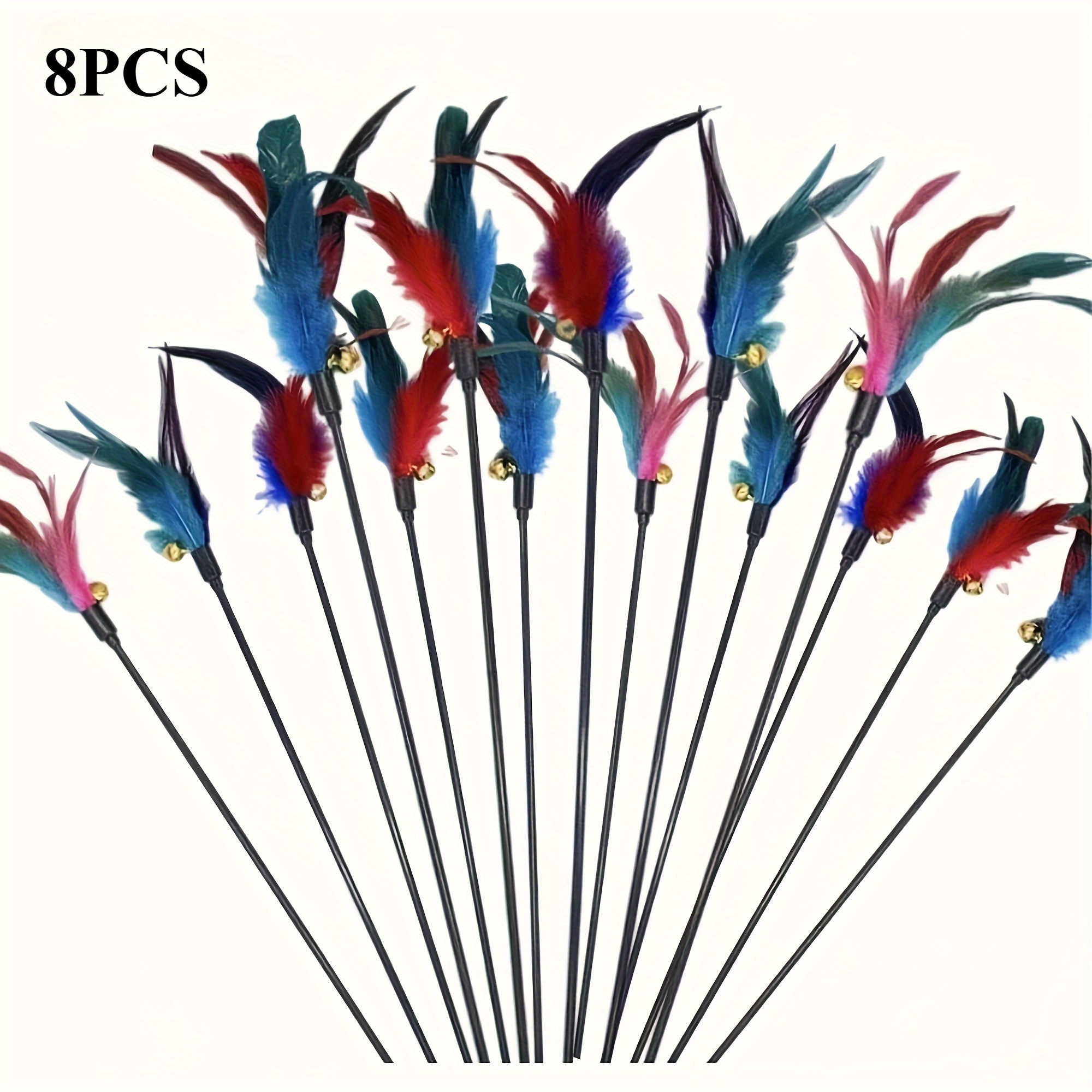 TEMU 8pcs Set Interactive Cat Feather Wand Toy Durable Realistic Plush Feathers For Indoor Cats All Breeds Sizes Fun Battery- Interactive Cat Toy Pet