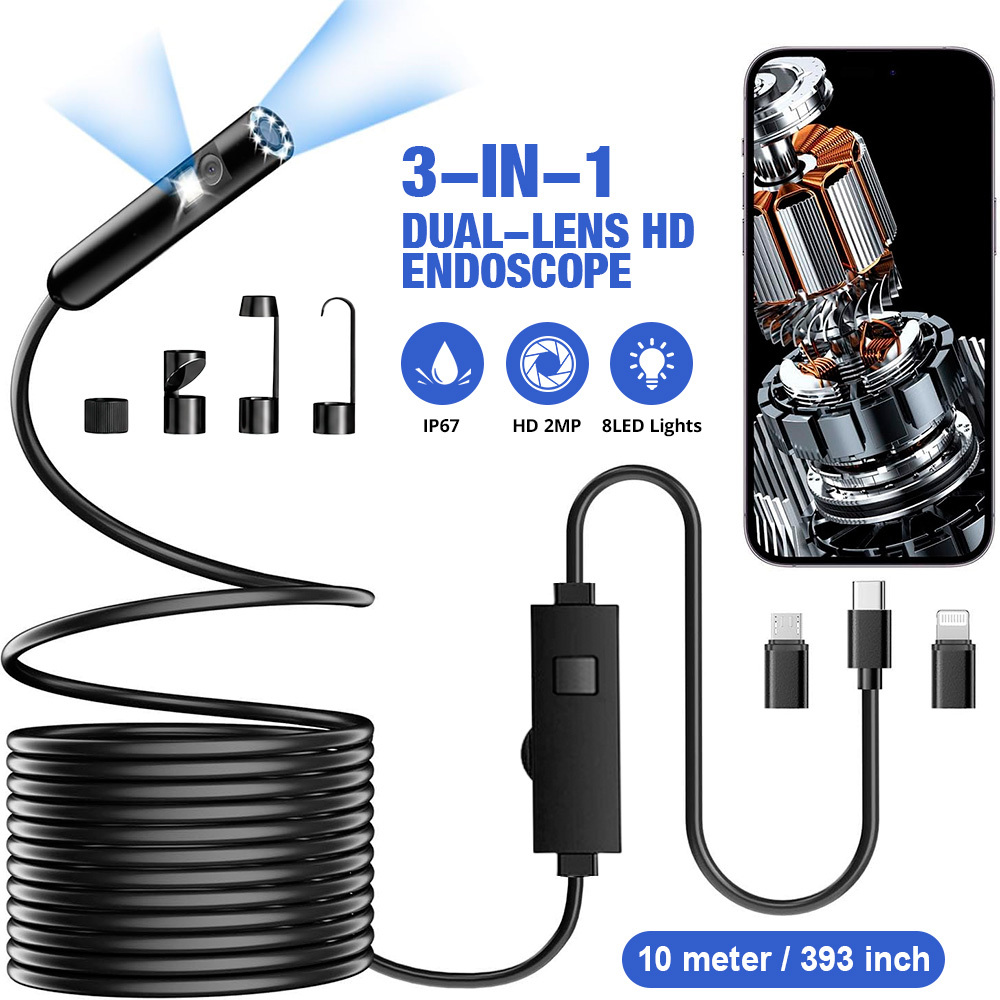 Dual-lens Endoscope Camera With Light, 1920p Hd Endoscope, Featuring 8 Adjustable Led Lights, Ip67 Semi-rigid Inspection Camera, Compatible With For Iphone And Phones