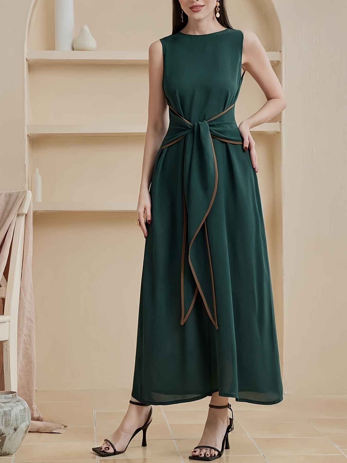 elegante vestido mujer sin cintura verde malla Temu Colombia