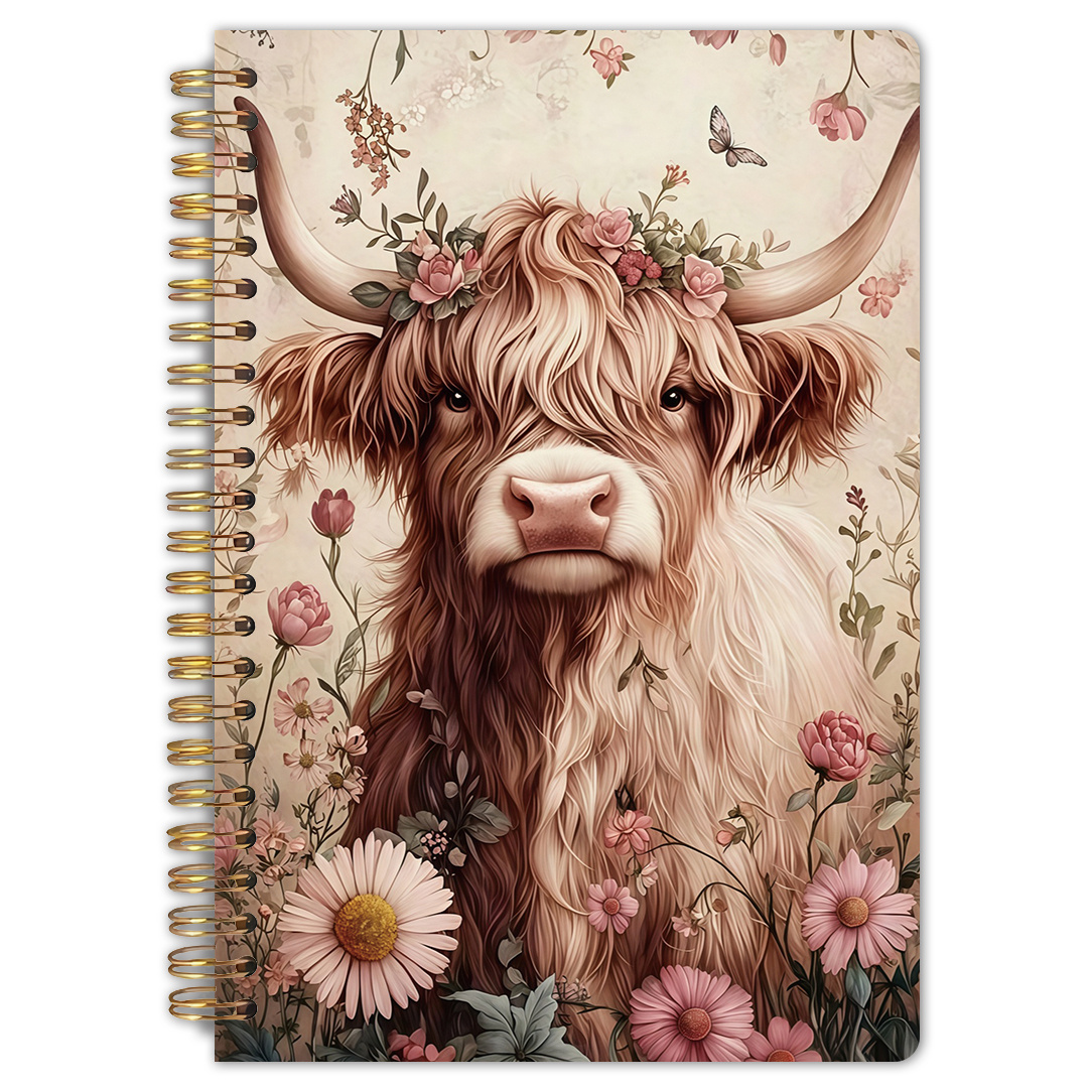 TEMU Carnet à spirale 1 pièce sur le thème de Highland florale, 5,5x8,3 pouces, pages intérieures de haute qualité, imprimé animal et fleurs, journal