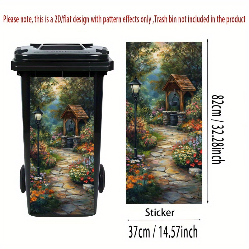 2d Flat Printing 1pc Trash Can Sticker, 37×82cm Vibrant Garden Wish Well Theme Design Self-adhesive Wallpaper Decoration For Kitchen Bin, Wall, And Home Decor, 2d Flat