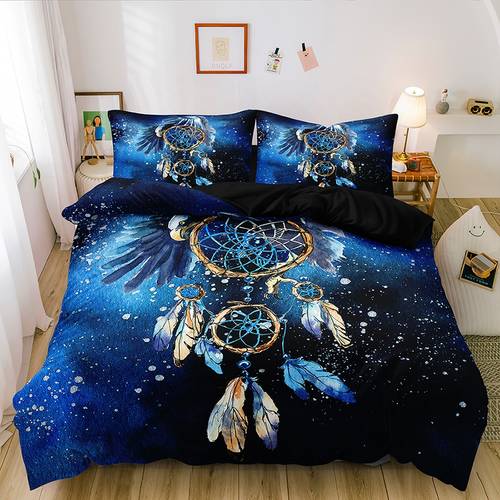 2 3pcs 3d print dreamcatcher and starry night duvet cover set blue gradient and feather mystical serenity style comforter cover set size 135 only 1 pillowcase