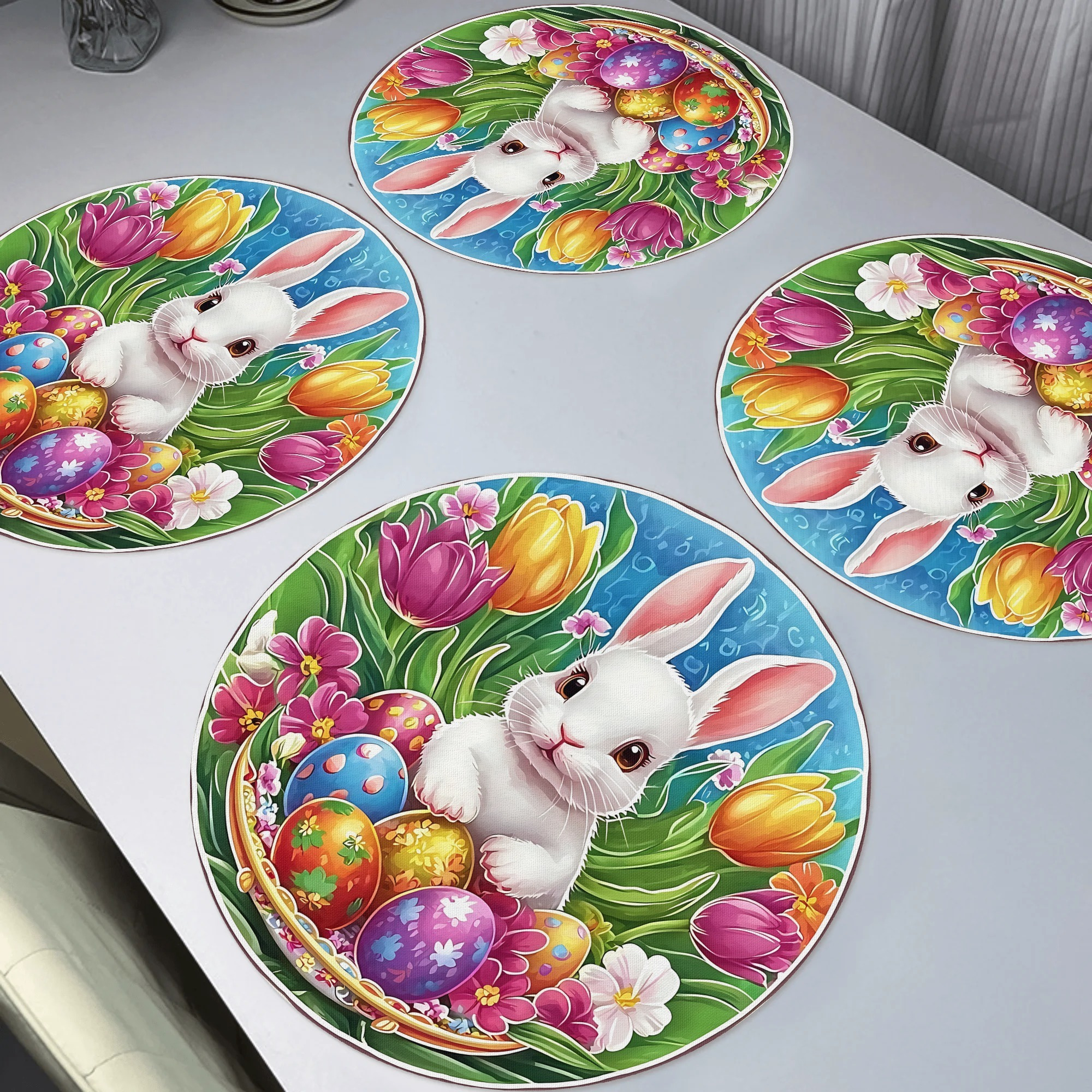 4pcs/8pcs Easter Bunny Placemats - Non-slip, Washable Polyester Table Mats With Egg Design For Holiday Dining & Kitchen Decor, 15x15in/38x38cm.