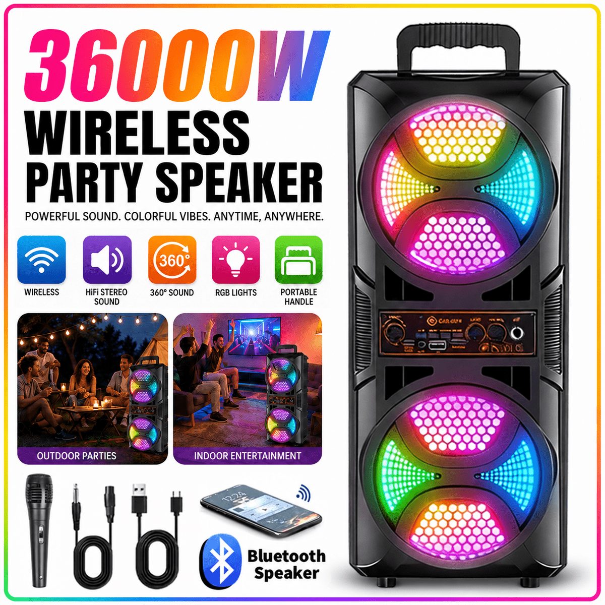 Image of 36000w Portable Wireless Speaker, Powerful , , Dynamic Led Light, Wireless 5.3, Fm Radio, Tws Pairing, Tf & Usb , Great For Camping Trips, Outdoor Gatherings, Holiday Presents For Men And Women For