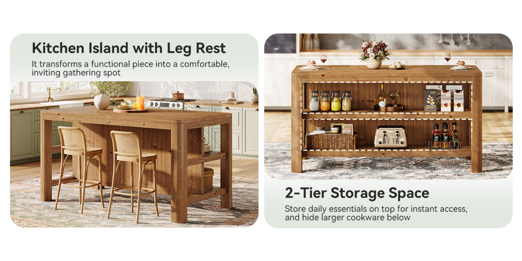 63-Inch Solid Wood Kitchen Island with Ample Storage Shelves, Farmhouse Style Kitchen Island Table with Seating, Counter Height Bar Table for Dining Room & Kitchen, Sturdy Construction & Easy to Assemble