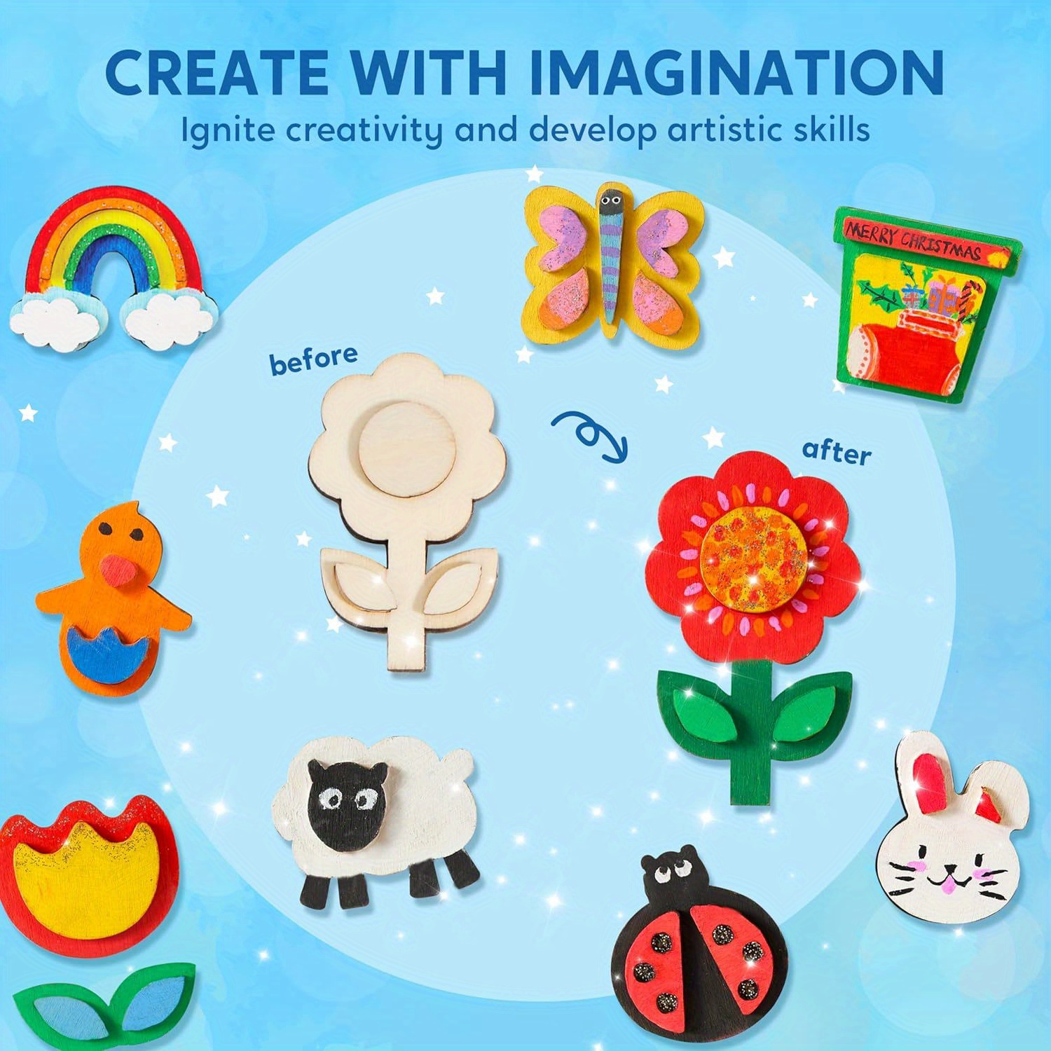 TEMU 12pcs Painting Kit Suitable For Kids - Wood Magnets With Base For Diy Crafts, Birthday Party Favors, Basket Stuffers, Supplies, Gift For Decor &