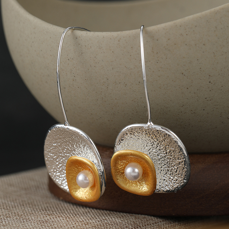 Stylish White Round Double Layer Irregular Pendant Earrings, Handmade