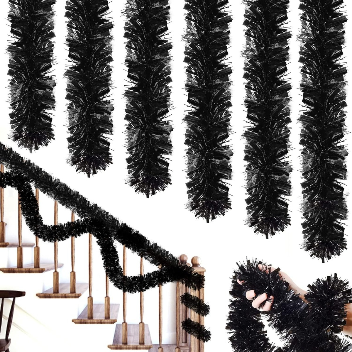 Image of 3pcs Black Tinsel Garland 78.74 In Metallic Halloween Tree Garland Shiny Party Christmas Tinsel Hanging Decorations For Tree Decorations Wedding Birthday Party Supplies Indoor And Outdoor Decorations