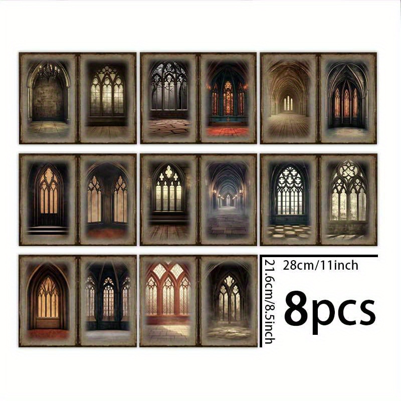TEMU 1 Set Of 8 Sheets (11x8.5 Inches) Gothic Entrance Door Background Material For Diary, Junk Journal, Greeting Card, Planner, Scrapbook Background