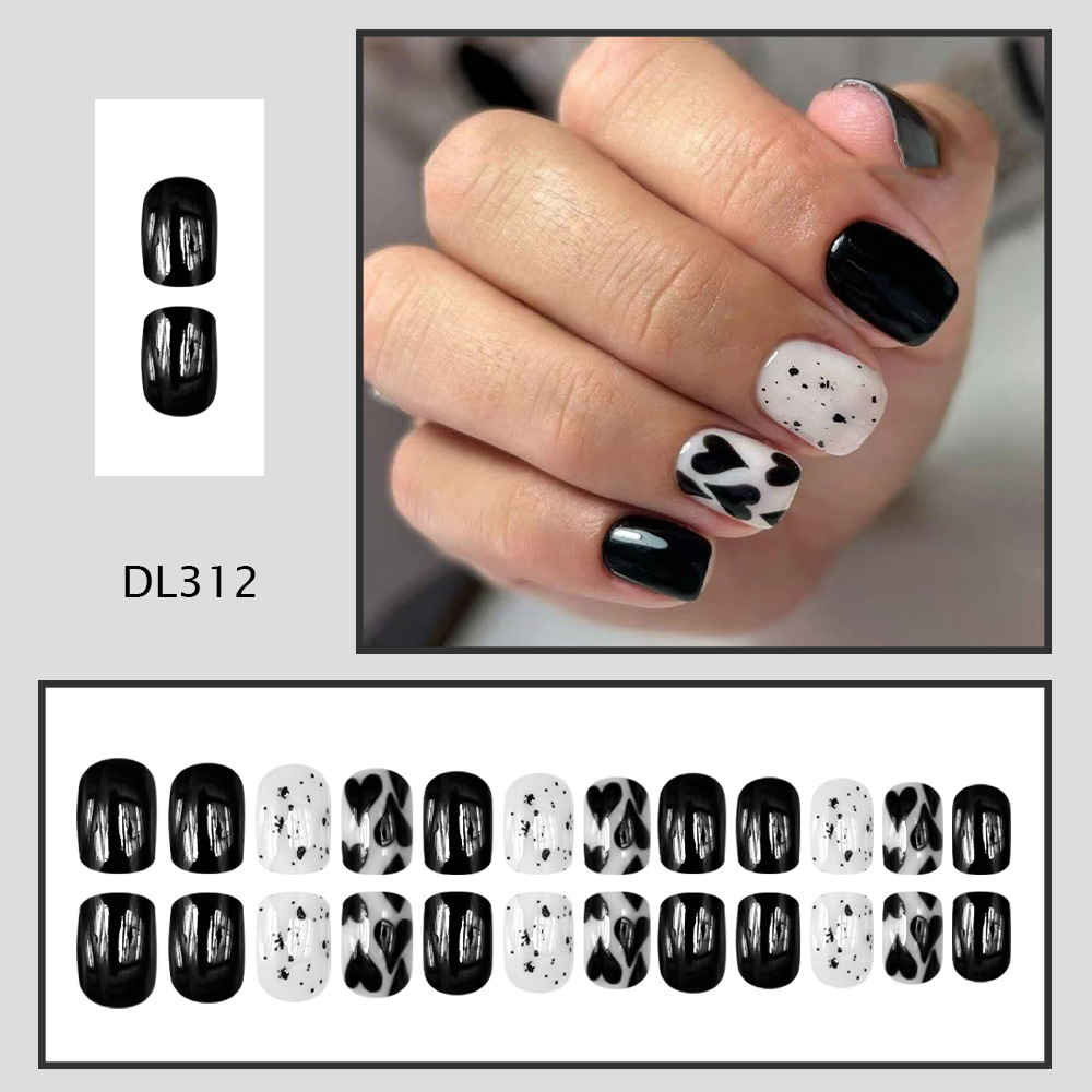 TEMU 24pcs Of Short Square False Nails With Black And White Heart Dots, Ready To Press On