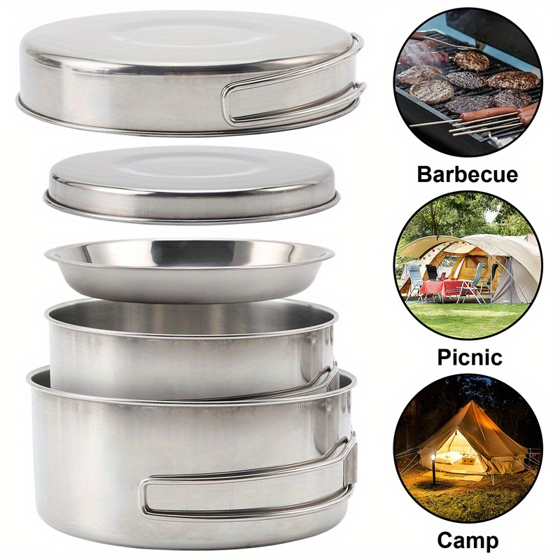 TEMU 8pcs Camping Cookware Set, Foldable Outdoor Cooking Gear Stainless Steel Pot Pan And Plate Kit, Kitchen Set Pot Set, Camping Cookware Tableware