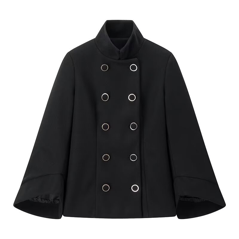 Women'S Fall/Winter Elegant& Retro Black High- neck Double- breasted Bell- sleeve Coat- High- quality Fabric, Waist- cinching Belt Detail, Ideal for Formal Dinners, Business Events& Theatre Outings