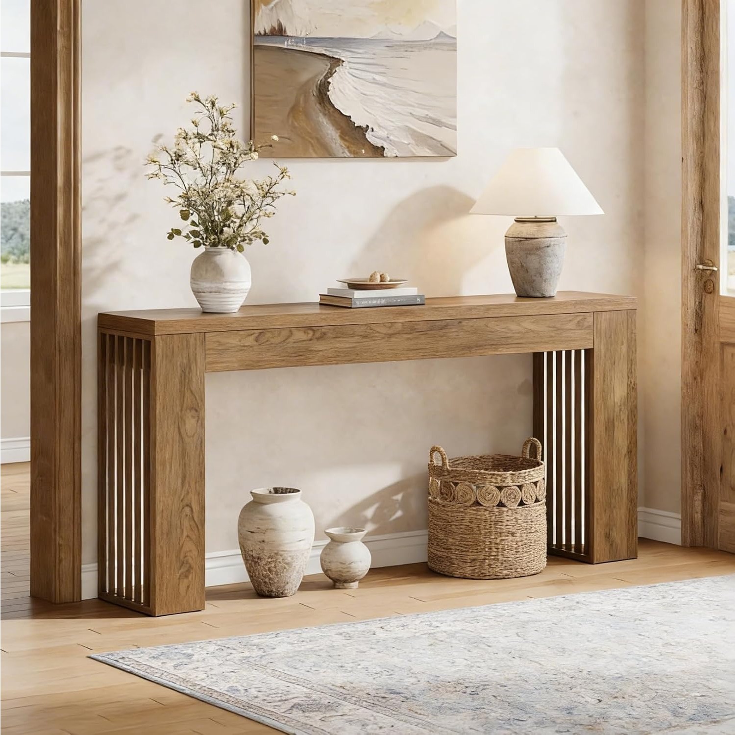 Image of 150cm Rustic Brown Farmhouse Console Table With Slatted Legs - Wood & Suitable For Hallway, Entryway, Living Room Sofa Table, Modern Rustic Furniture