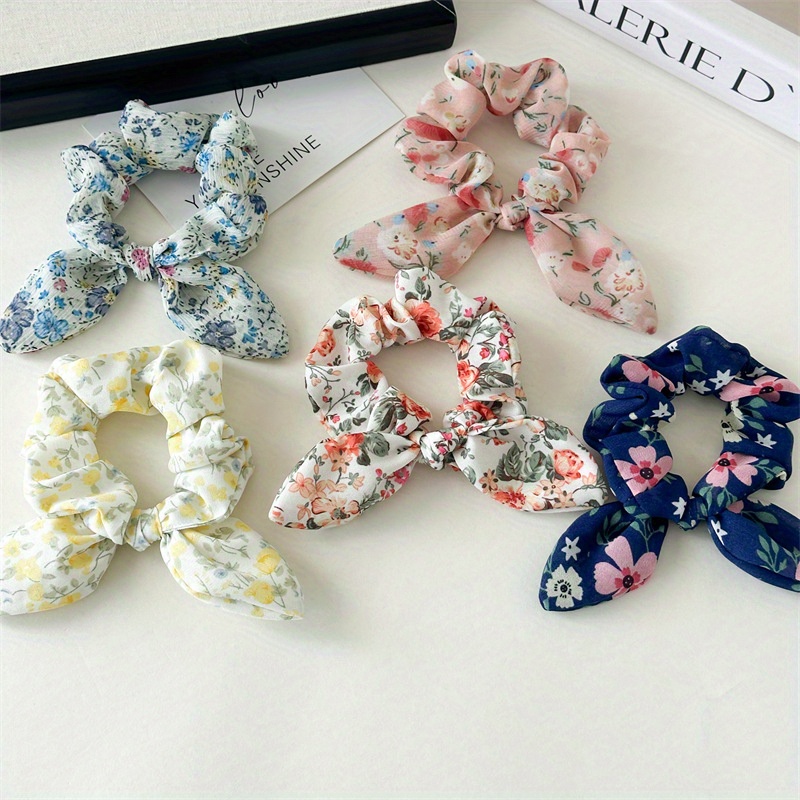TEMU 5pcs Adorable Scrunchies Set - Round Shape And Bunny Ear Hair Ties, Super Hair Bands, 5 Colors , Fashionable Hair Additions For Women, Hair,