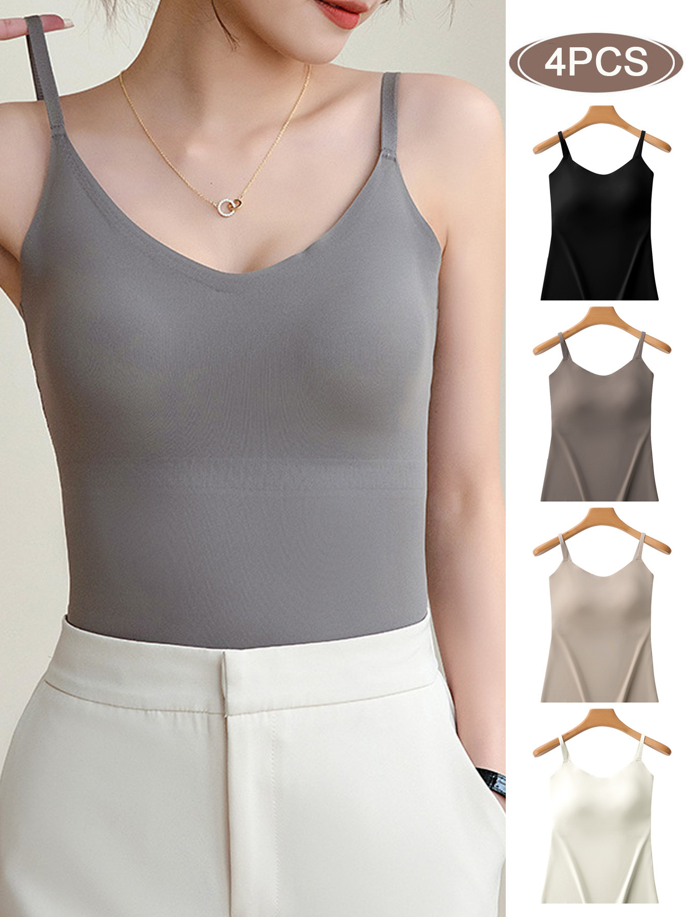 Emmalise Women's 4-Pack Cami Tank Tops – Built-in Wireless Bra Support, Black/Gray/Navy/White, Medium