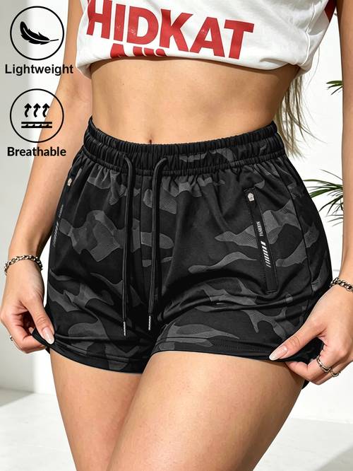 womens summer camo hot pants lightweight breathable drawstring waist zipper letter pocket suitable for daily casual wear
