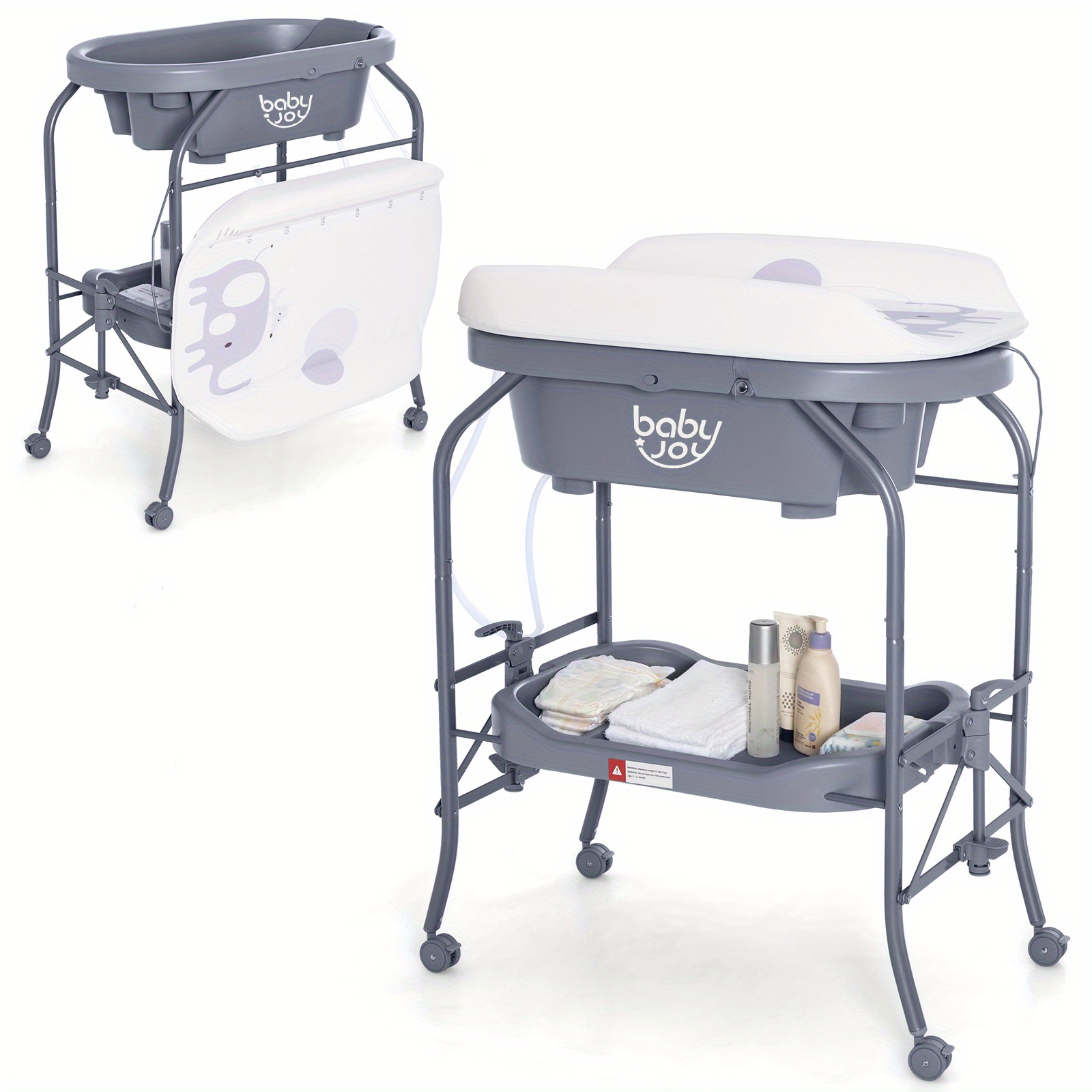 Grey COSTWAY 2-in-1 Folding Changing & Bathtub Table Mobile Nursing Station w/ Lockable Wheels & Storage Basket - Image 3