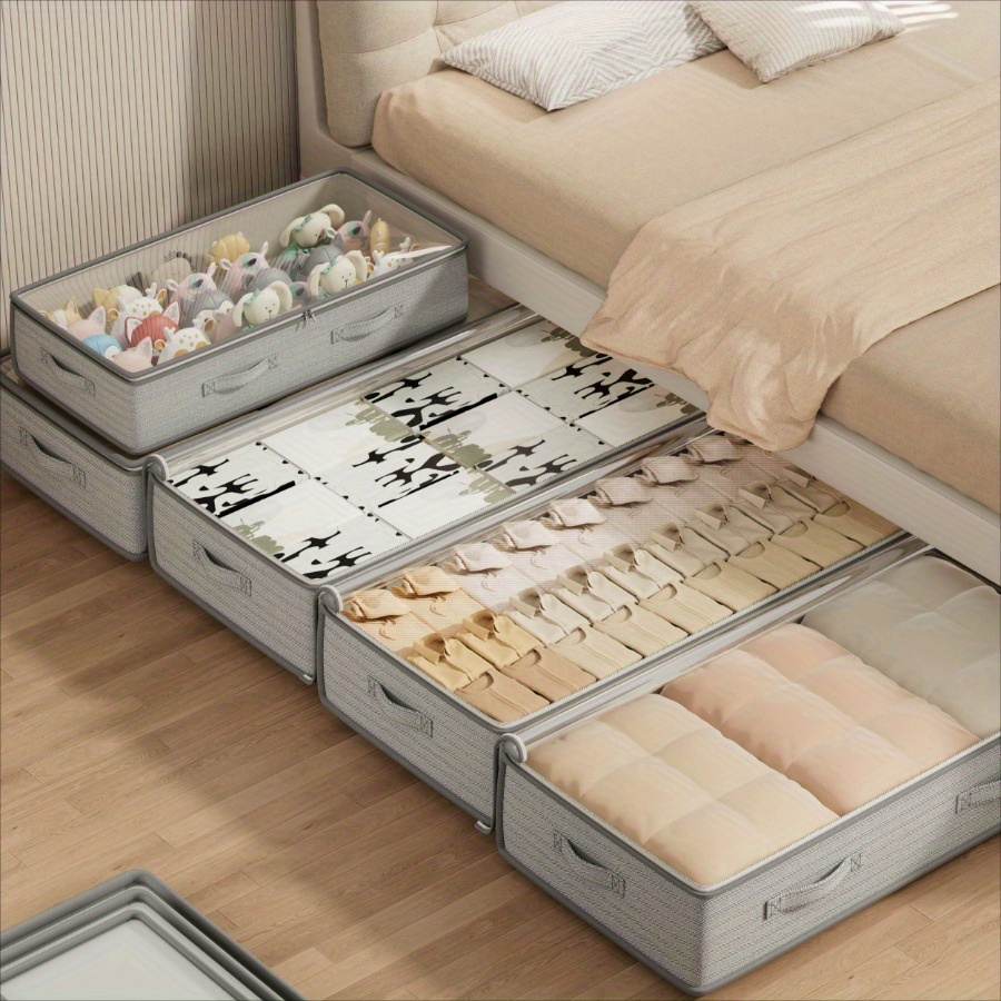 

4pcs Waterproof Fabric Under Bed Storage Containers, Style Rectangle Organizer Bins, Foldable Sweater And Linen Storage Bags With Unique Closure, For Closet Organization, Under-bed Storage