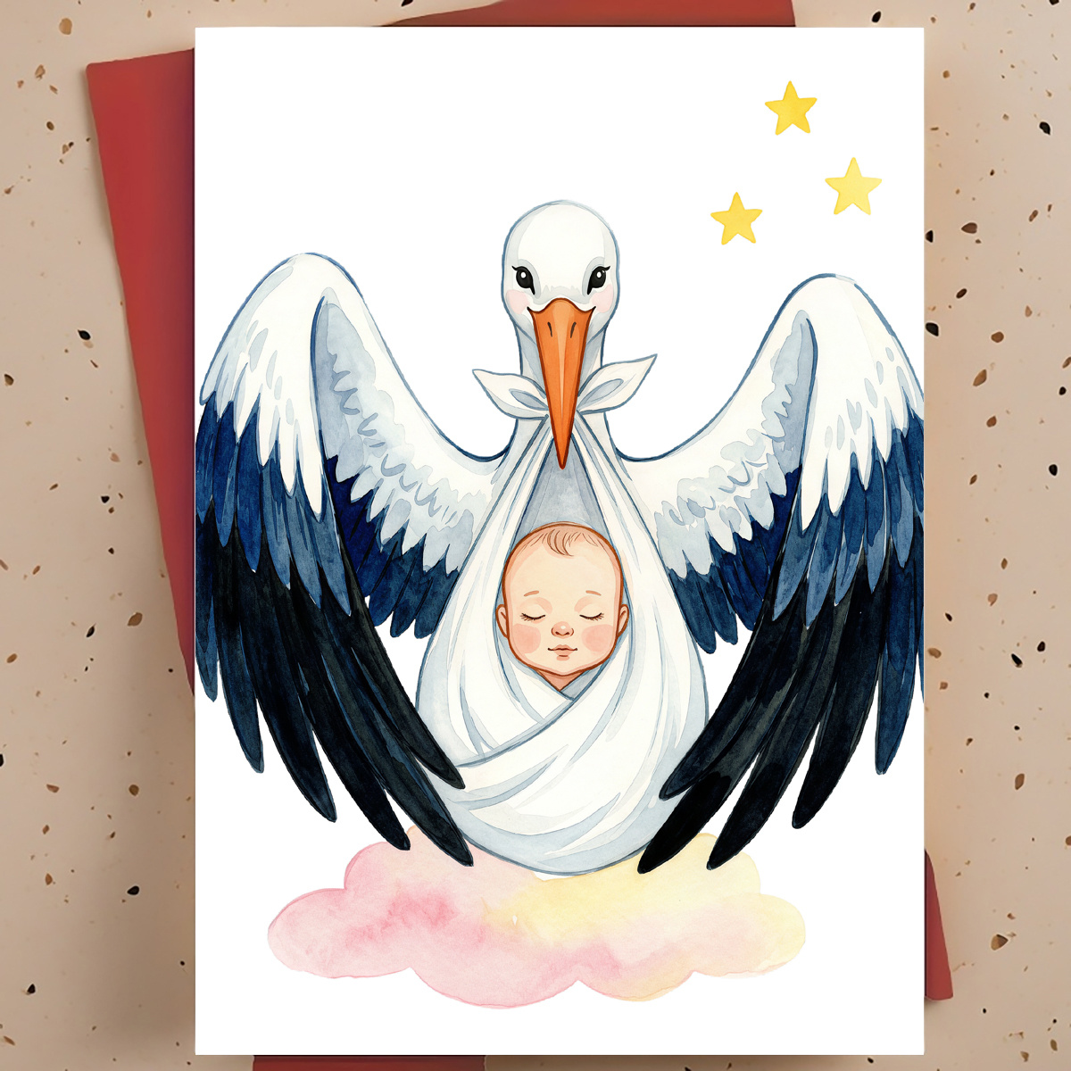 TEMU 1pc New Baby Greeting Card For New Parents, Expecting Grandparents â With Swaddled Baby Watercolor Hand-drawn, , With Envelope