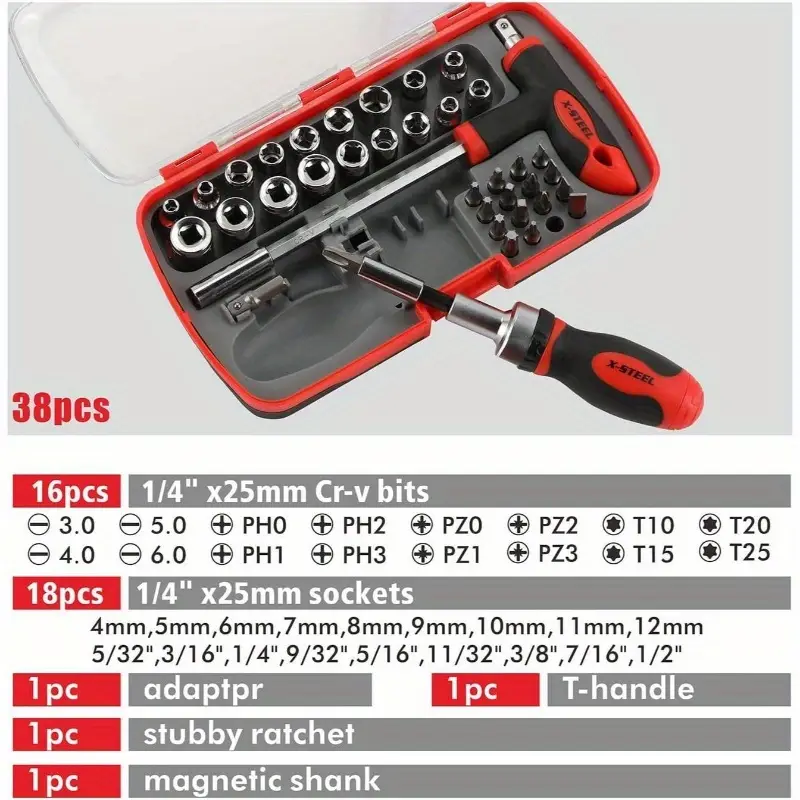 38pcs heavy-duty magnetic ratcheting screwdriver & socket set with t-handle ratchet, sockets & bits - mechanic s tool kit for home, car, motorcycle, bike repair - ergonomic grip, durable construction, portable case included (no power required) - ideal for diy & professional mechanics, bulk hand tool kit, industrial work, home , professional-grade, men car repair, bike mechanics Product details 1