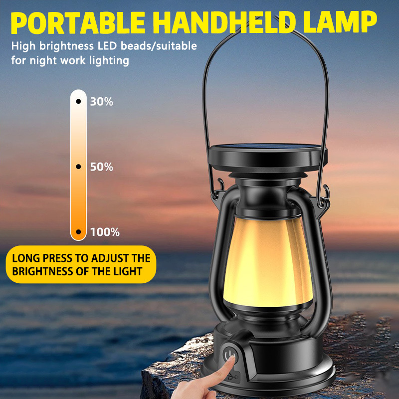2pcs Portable LED Solar Handheld Light, LED Tent Lantern, Solar/Usb Rechargeable Work Light with Hook, Bright Night Lighting Flashlight for Camping, Hiking, Traveling, Fishing, Gatherings, And Power Outage Emergency Tools