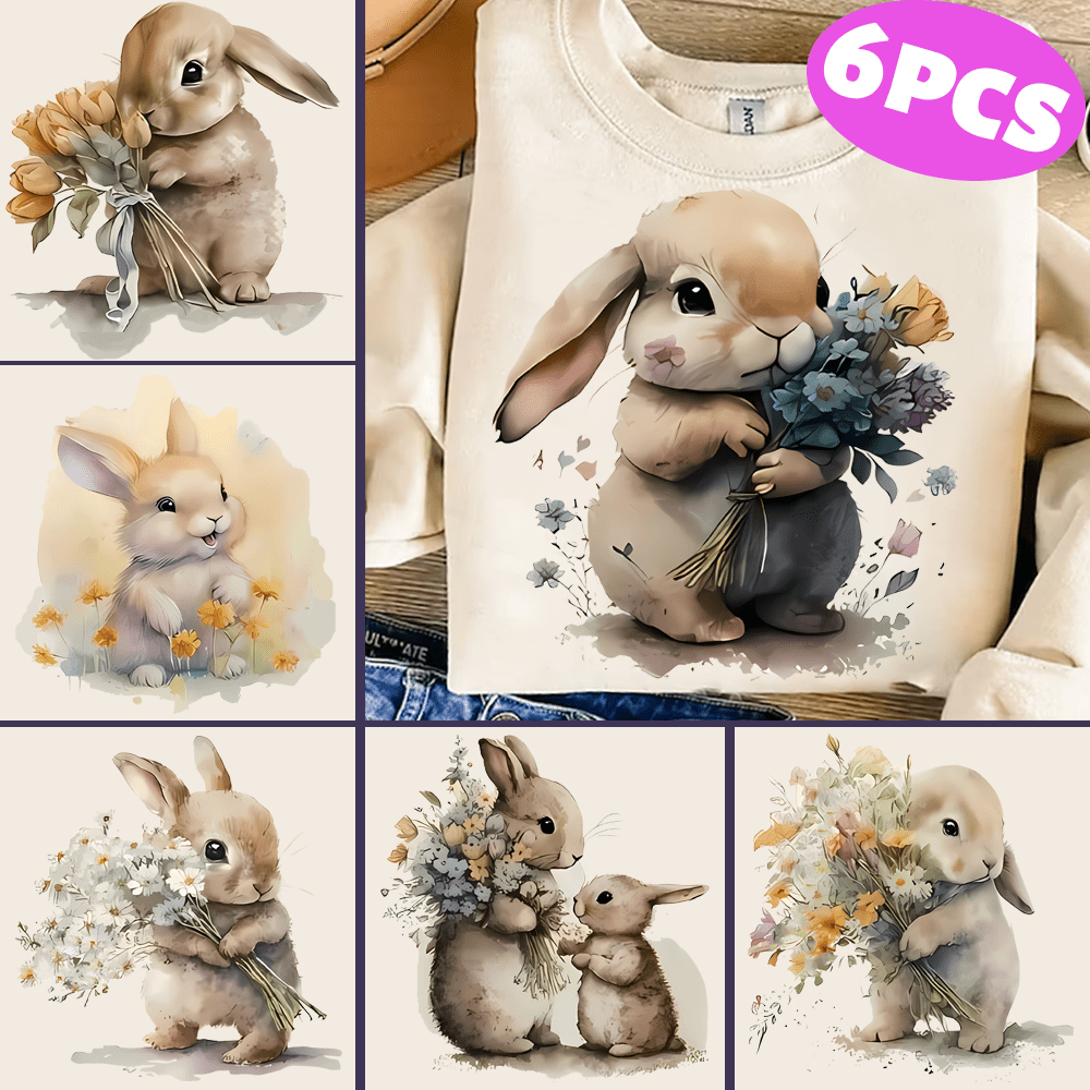 

6pcs Adorable Vintage Easter Bunny & Floral Iron-on Heat Transfer Stickers - Washable Vinyl Decals For Diy T-shirts, Masks, Jeans, Backpacks | Colors, Rabbit Enthusiast Designs