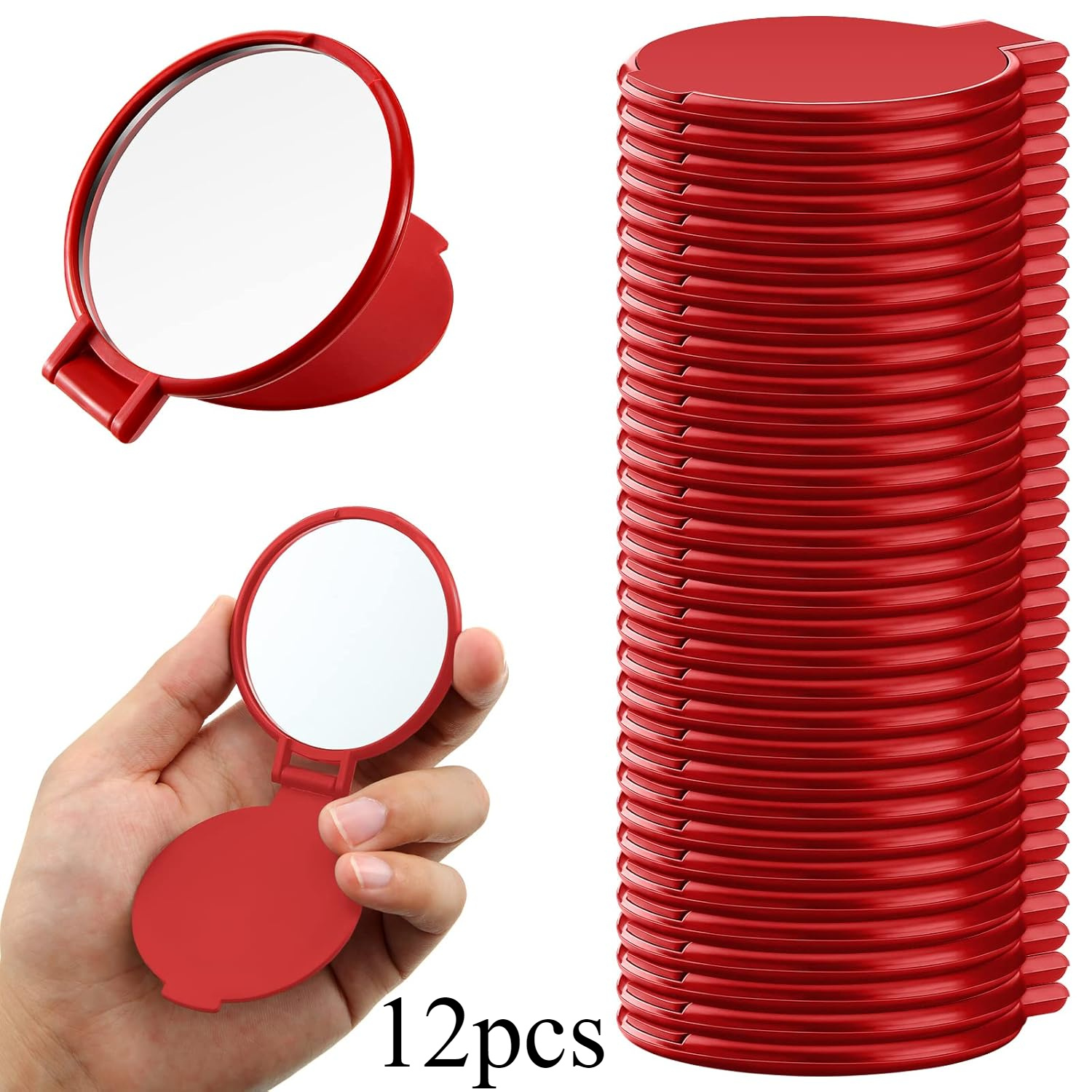 Image of 12pcs Red Portable Compact Mirror - Compact, Pocket-sized, No Battery Needed, Ideal For Women' Travel Use, Portable Beauty Tool | Stackable Mirror | Polished Glass, Handbag Compact Mirror