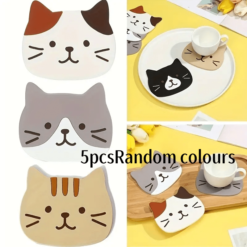Collection Of 5 Silicone Coasters Featuring Cartoon Cats - Mats For Beverages, Kitchen Tools, And Home Decoration