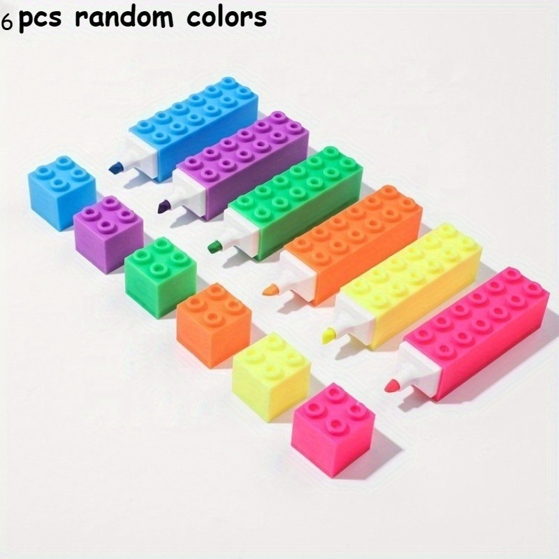 Image of 6pcs Random Building Block Highlighters | Stylish Portable Student Office Journal Markers | Angled Tip Colored Drawing Pens - Doodle Pens - School Supplies - Office Supplies
