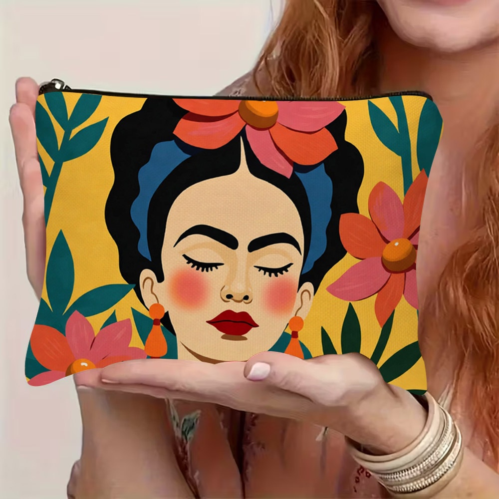 TEMU Vibrant Tropical Floral Makeup Bag With Double-sided Women' Face Print - Durable Polyester Cosmetic Suitable For Travel & Daily Use, Spacious