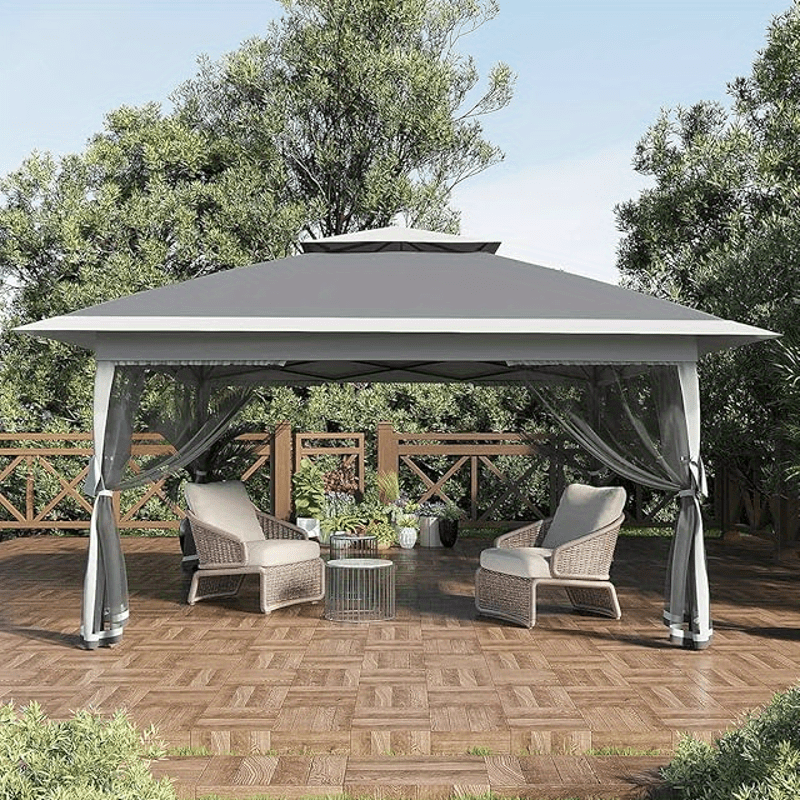[13'x13' Gazebo] 13'x13' Double Rooftop Outdoor Gazebo | Quick Setup, High Quality, Durable Weather-Resistant Design, Gray Patio Canopy Tent for Backyard, Garden & Poolside