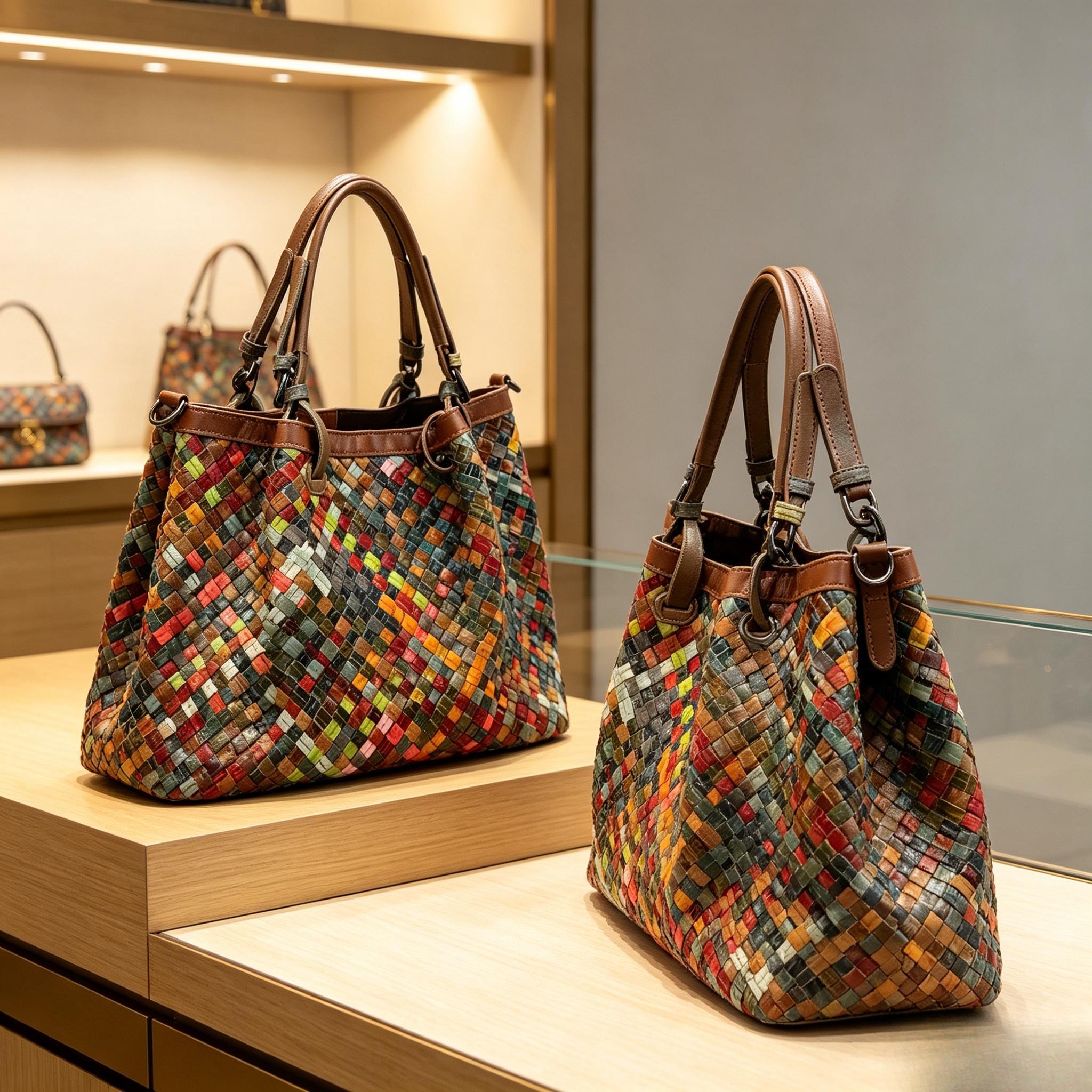 TEMU Women's Multicolored Woven Genuine Leather Handbag, Bohemian Style Large Capacity Shoulder Bag With Detachable Straps, Casual Homeless Bag For