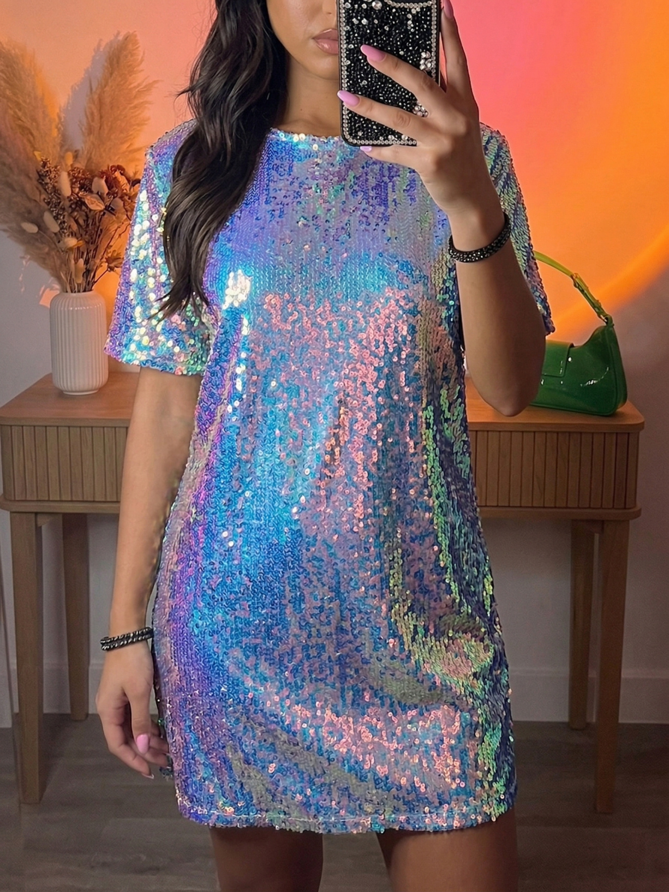 colorful sequin shirt dress Women's Sparkly Sequin T Shirt Dress Short Sleeve Crewneck Tie Backless  Glitter * Dresses