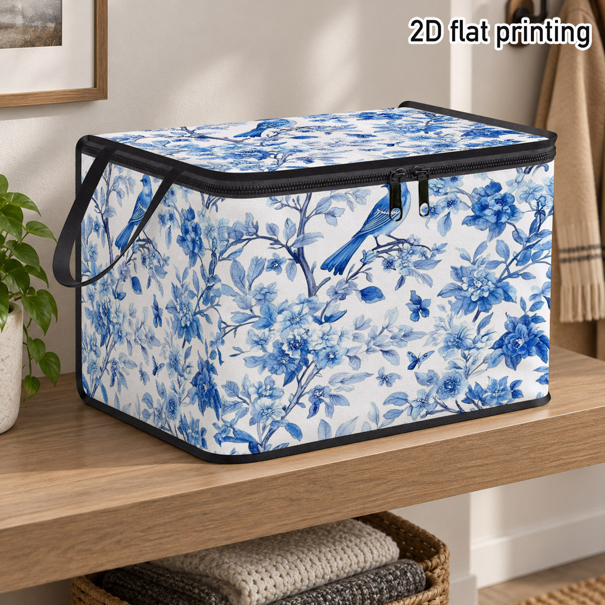 2D Flat 1pc Large Capacity Shelf Basket, Storage Organizer, Elegant Blue Floral Bird Watercolor Style, Blue Bird Flower Pattern, Closet Storage Box, Sturdy Handles, Large Opening, Bedroom Organization, Dorm Room Storage, Wardrobe Organization