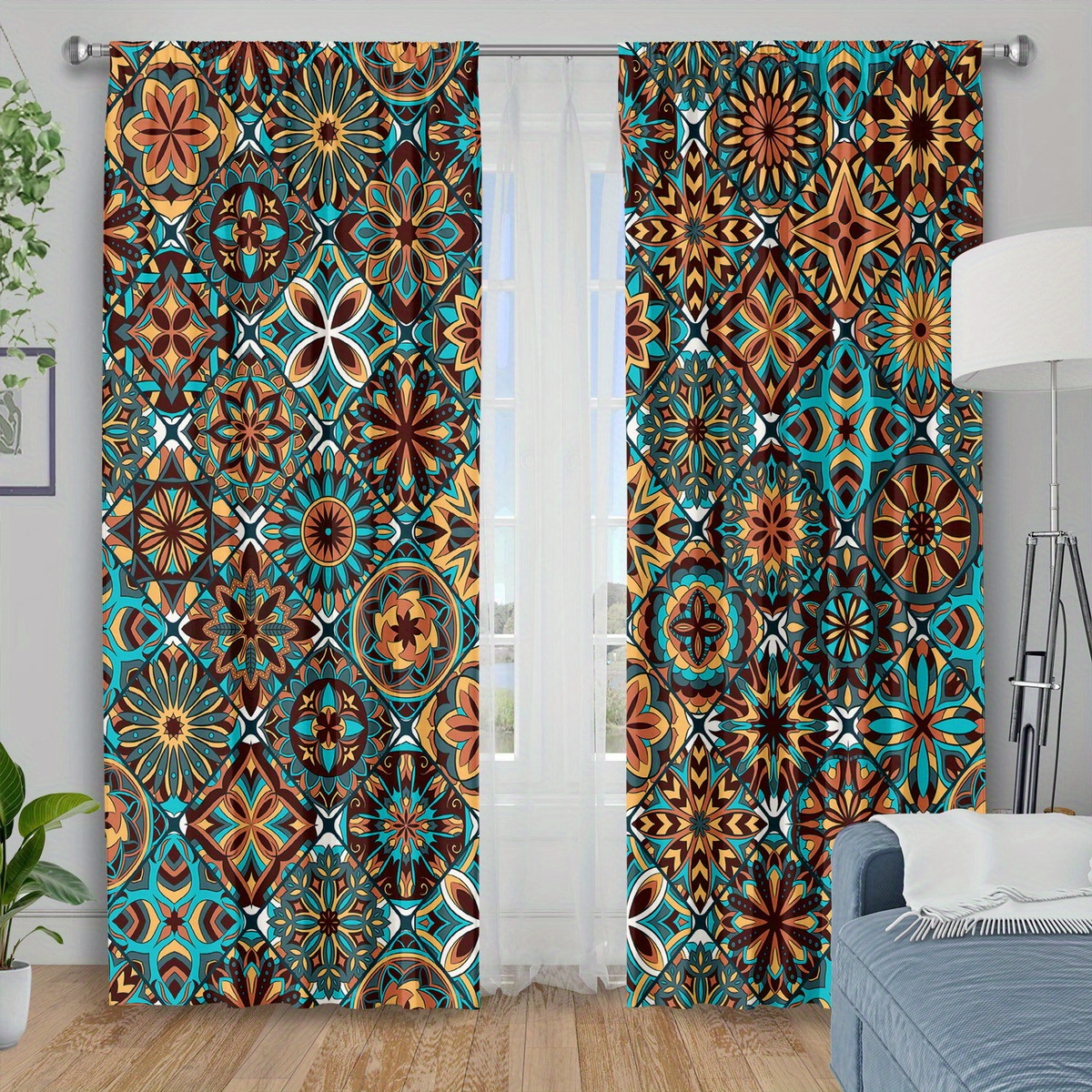 TEMU 2pcs Bohemian Mandala Floral Curtains - Teal Blackout Window Drapes, Light Filtering Thermal Insulated Window Treatments For Living Room,