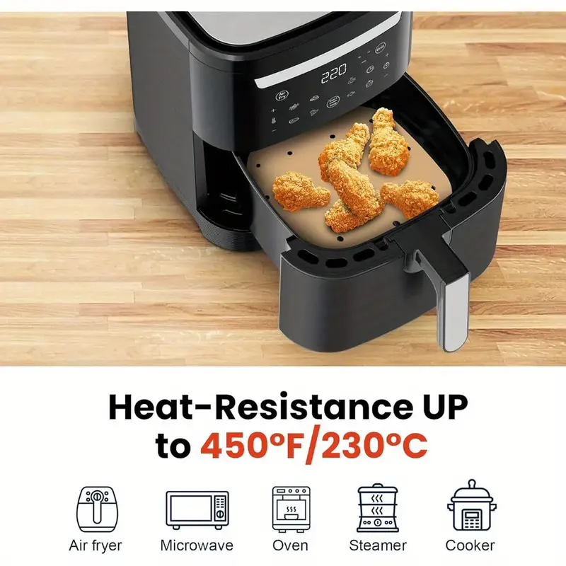 400pcs 6. 3 inch square air fryer parchment paper liners disposable, unbleached air fryer sheets with holes, perforated steamer liners for 2- 5qt basket air fryer microwave oven frying pan plate, air fryer liners paper, disposable air fryer liners, air fryer paper liners, air fryer liners disposable, kitchen essentials, baking sheets, nonstick liners, perforated design, heatresistant liners, unbleached paper, oven safe liners, cooking liners, meal preppers, home cooks Product details 1