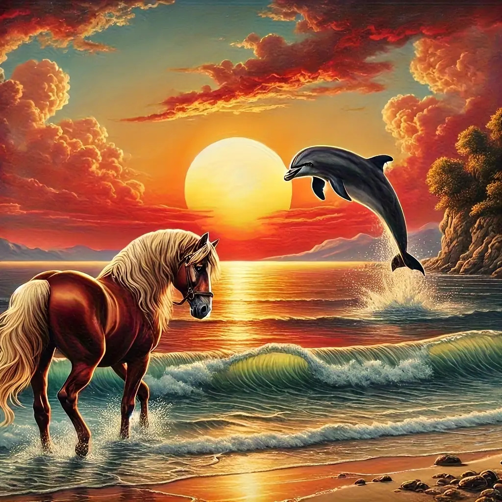 TEMU Kit de peinture diamant 5D DIY à perçage rond cadre, paysage de avec motif de chevaux et . Style art diamant , ornement mural cadre, décoration