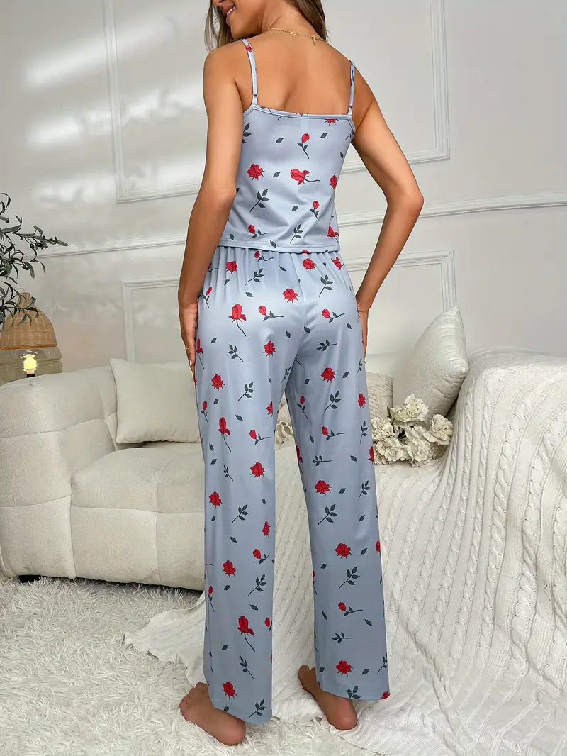 3 sets of 6pcs womens casual polyester black blue and white camisole top long pants pajama set heart flower print fabric short sleeve top with trousers casual loungewear sexy outside Product details 8