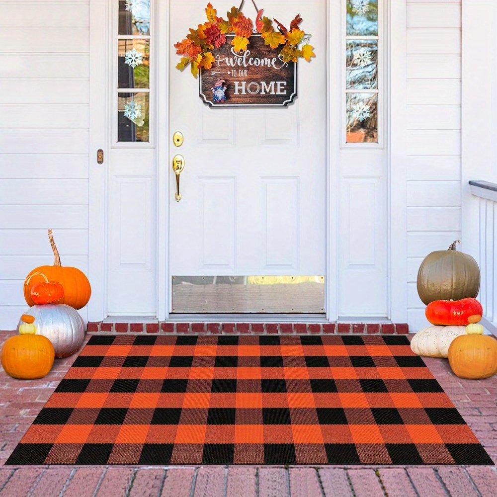 TEMU Outdoor Rug Fall Outdoor Mats For Front Door Woven Checkered Area Rug Washable Halloween Front Porch Decor Layered Doormat Rug For Farmhouse Entryway Patio, 1pc, Non-woven And Rubber Floor Mat