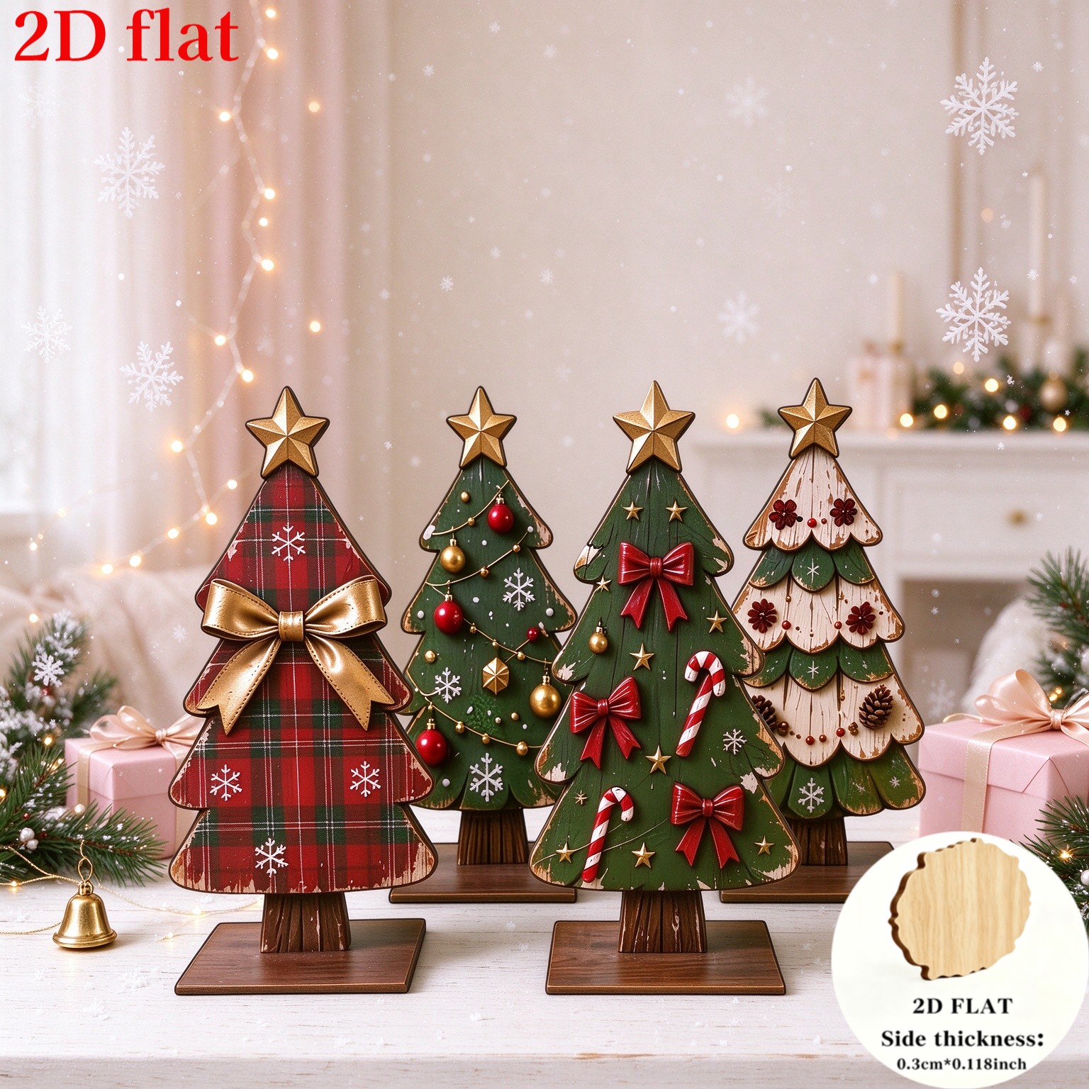 TEMU 2d Flat, 4pcs Vintage Wooden Christmas Tree Desktop Ornament Set. Placement On Desks, Windowsills, Fireplaces, Shelves, Entryway Counters, And