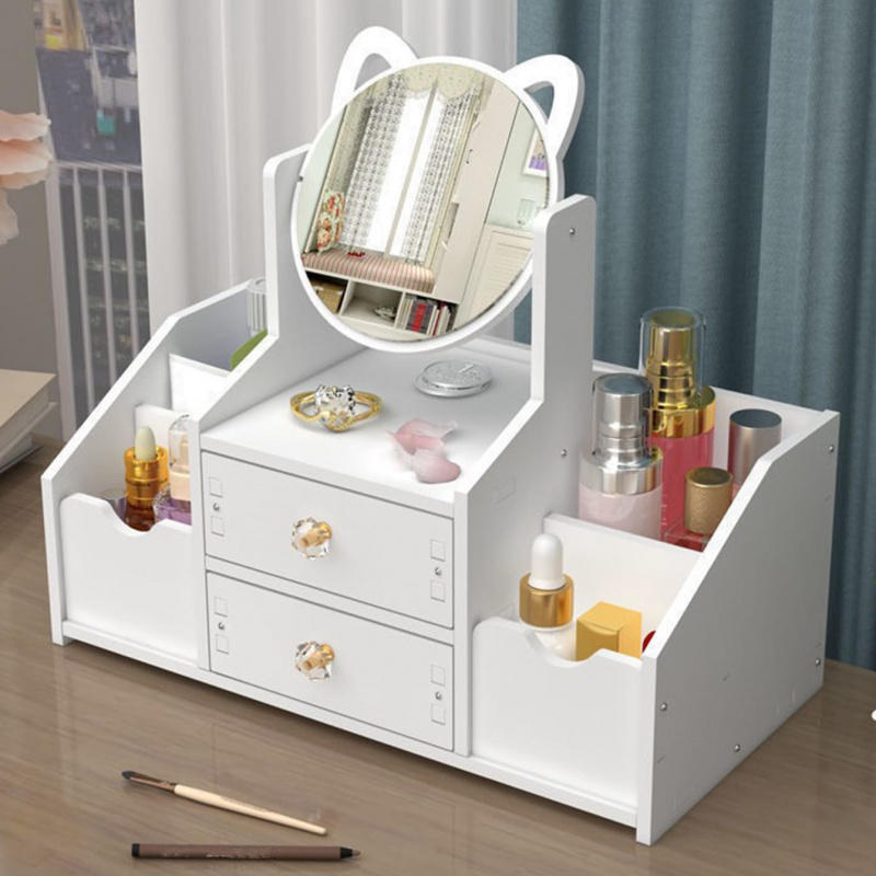 

1pc Luxurious White Wooden Makeup Organizer With Large Capacity, Multiple Drawers, Dustproof Cover & Mirror – Vanity Essentials, Jewelry, Storage, Makeup Brush Holder