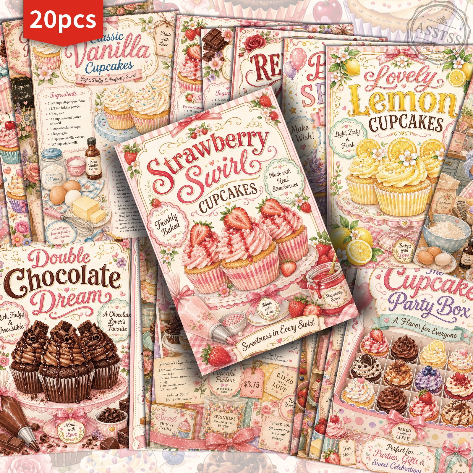 TEMU Lot de 20 cartes postales ASSTSS Vintage avec recettes de cupcakes - 4X6 pouces, fournitures de journal rétro, illustrations classiques, cartes