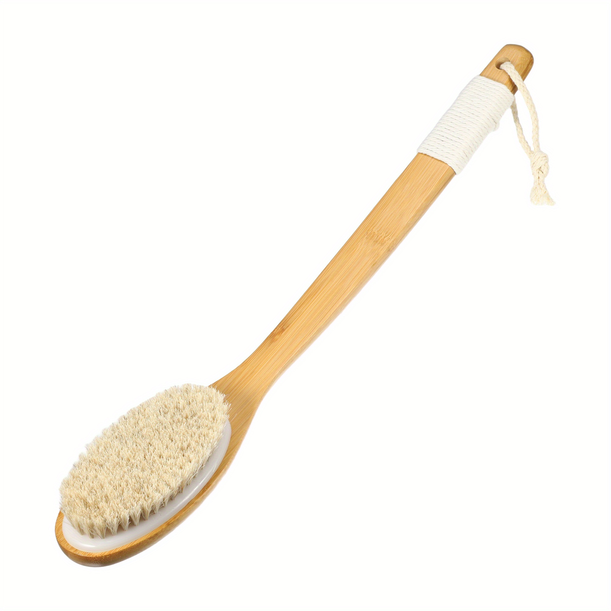   horse hair exfoliating back scrubber with curved long handle 18 wood body brush 3 5 wide 6 5 thick no battery needed for wet   brushing men women shower bath tool     bristles Product details 6