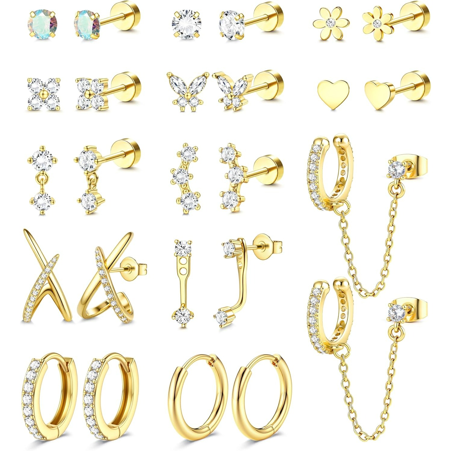 Image of 2d Flat - 13pairs Hypoallergenic Flat Back Earrings For Women Cartilage Earring Surgical Stainless Steel Flatback Stud Hoop Earring Set Conch Tragus Helix Piercing Jewelry