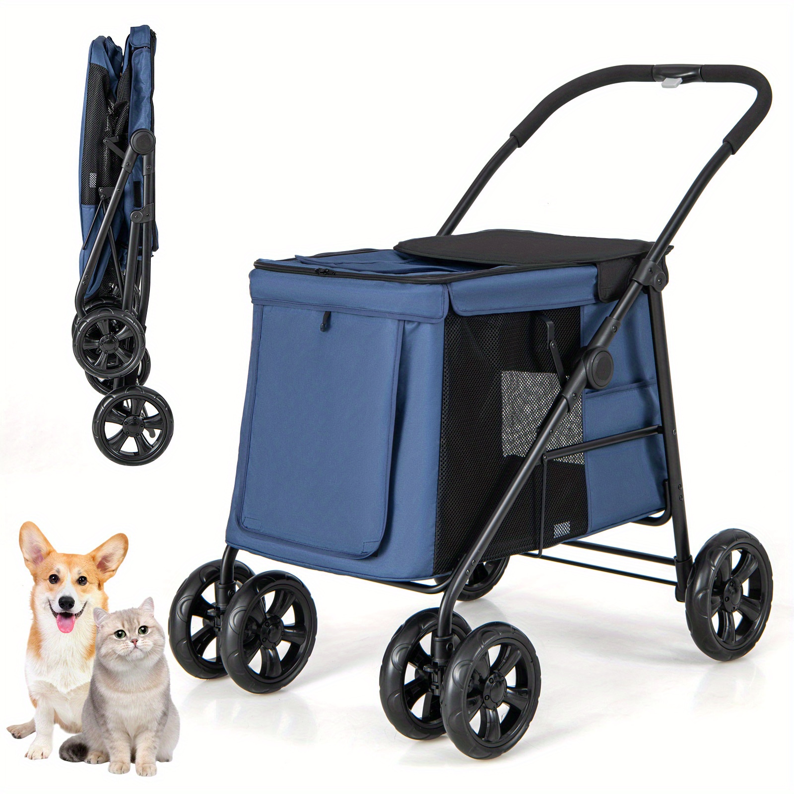 Folding Dog Stroller, Dog Buggy Up To 40 Kg, Dog Trolley With Cushion, Mesh Windows, 2 Doors