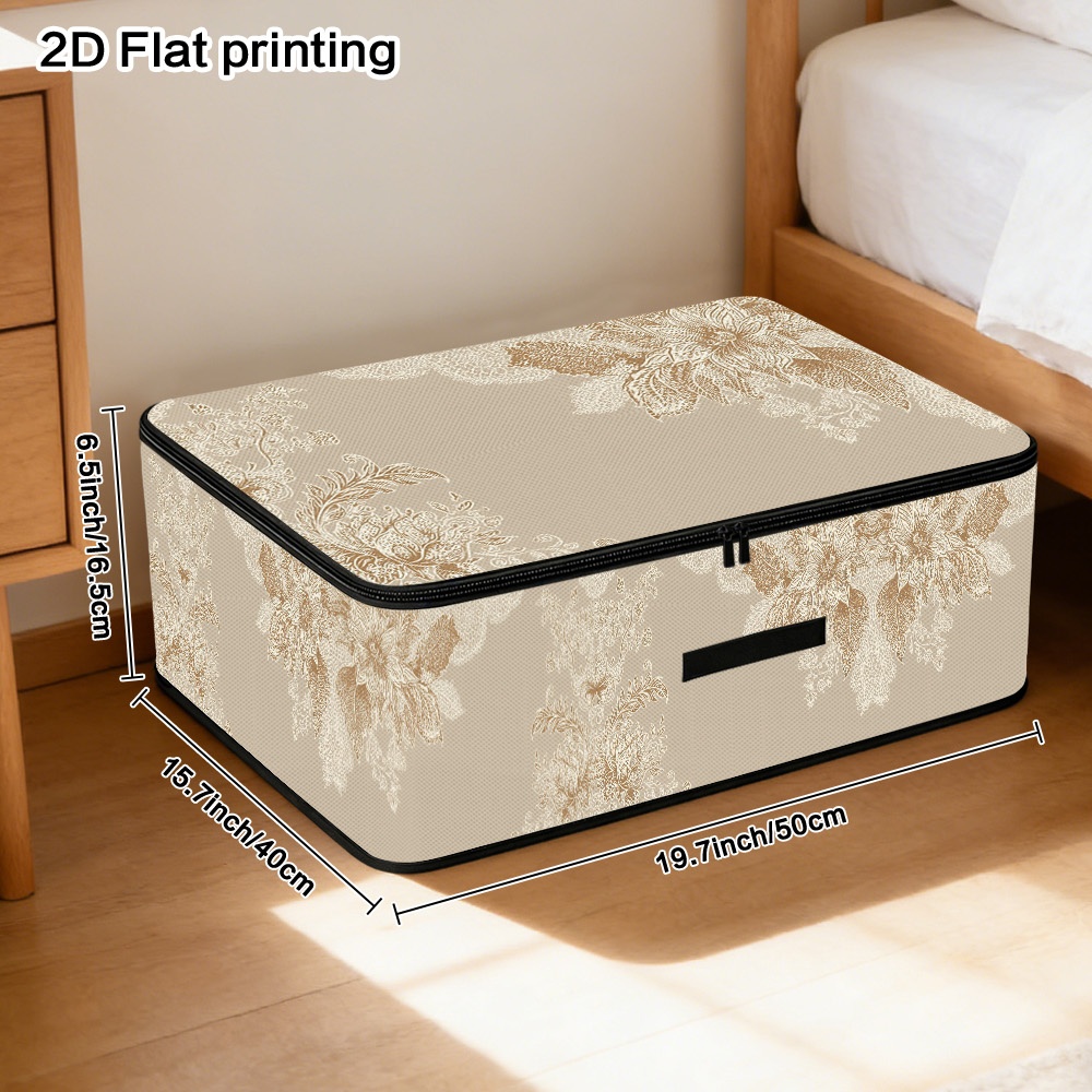 TEMU 1pc, 2d Flat Wedding Floral Beige Design Slim Lidded Storage Bins Bag, Soft Fabric, Durable Material, Breathable Closet Organizer For Blankets,